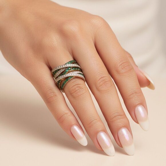 Vintage Crossover Gemstone Ring Gold Plated Sterling Silver Green Clear Stones - Picture 1 of 13